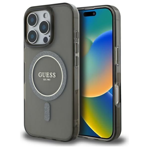 Guess IML Glitter Circle MagSafe ümbris jaoks iPhone 16 Pro - must