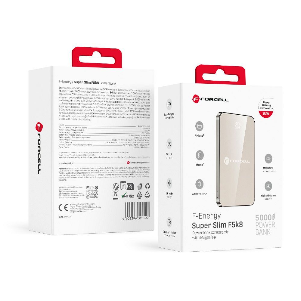 Powerbank compatible with MagSafe Forcell F-Energy SuperSlim F5K8 QC4.0 PD3.0 15W 5000 mAh titanium desert