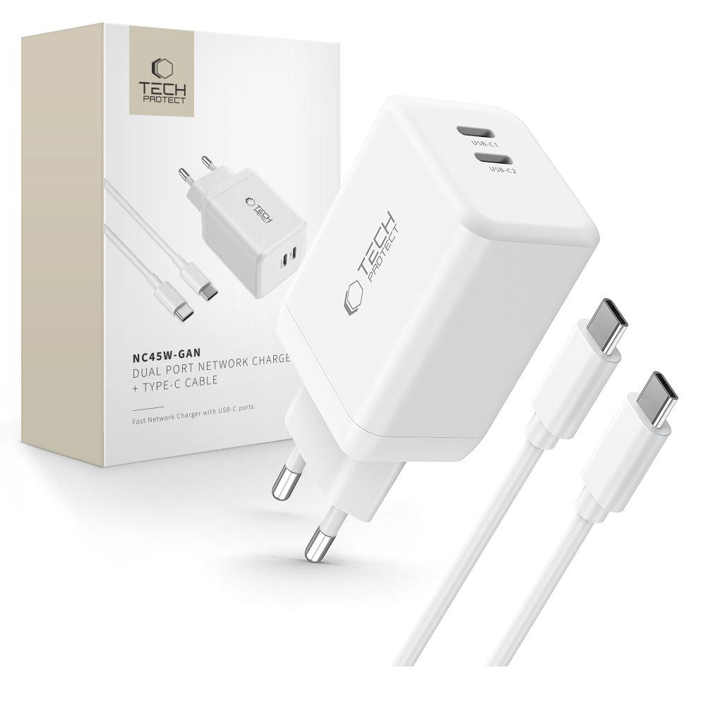 Tech-Protect NC45W-GAN 2-PORT PD45W Laadija + TYPE-C CABLE - valge