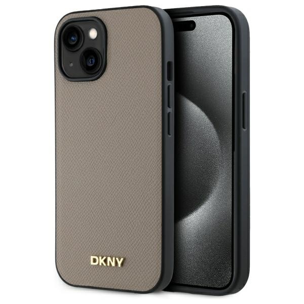 DKNY Grained Metal Logo MagSafe iPhone 15 Ümbris - Beige