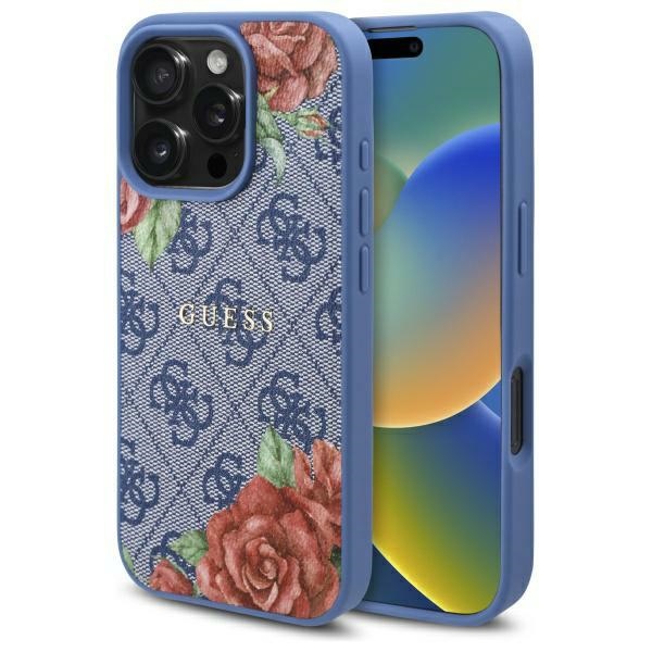 Guess 4G Flowers Print MagSafe ümbris jaoks iPhone 16 Pro Max - sinine