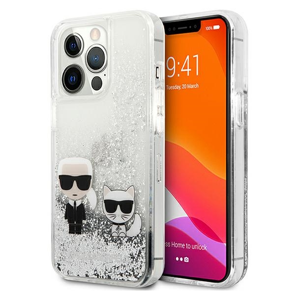 Karl Lagerfeld Liquid Glitter Karl&Choupette ümbris jaoks iPhone 13 Pro Max 6.7" - hõbedane