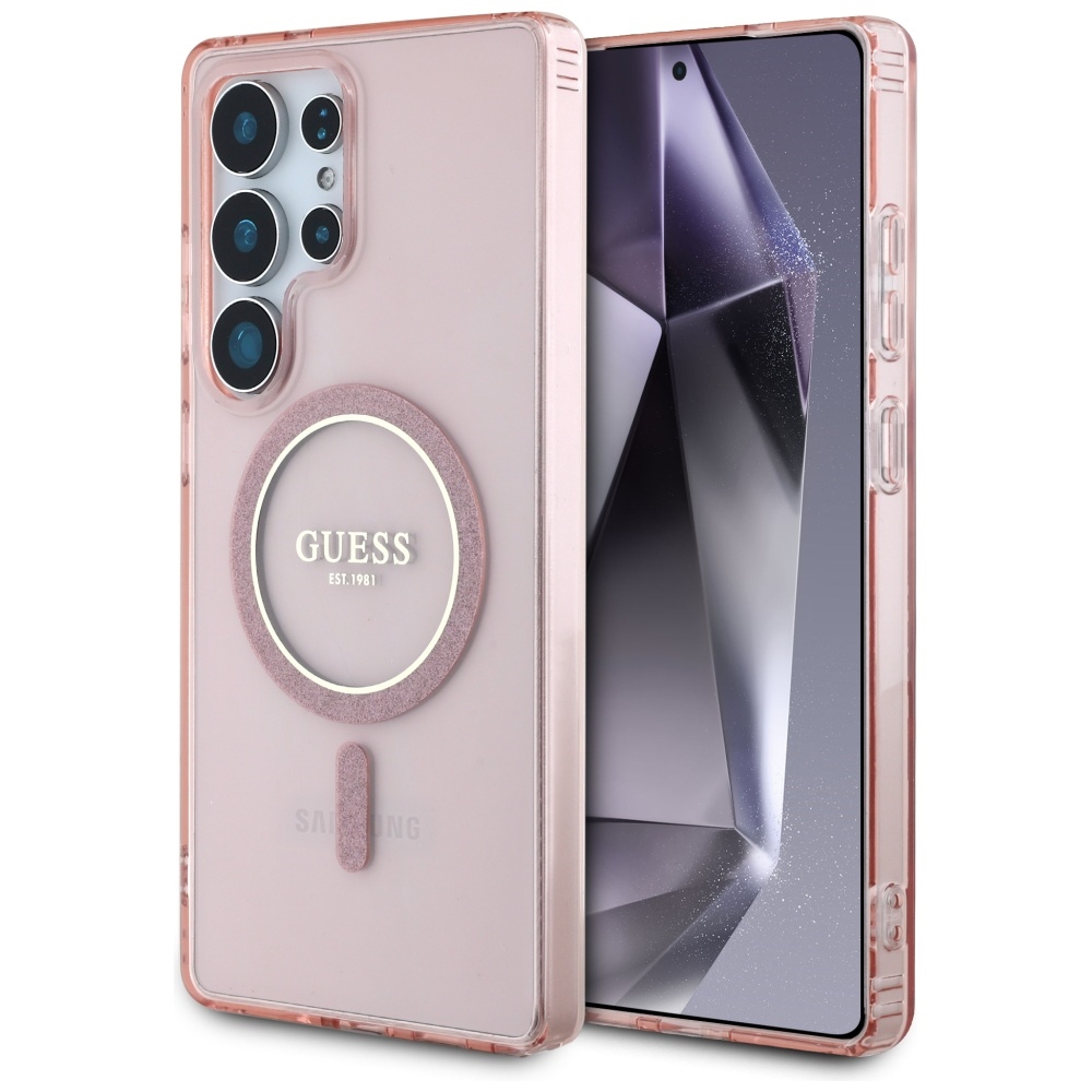 Guess Glitter Circle Classic Logo MagSafe Ümbris jaoks Samsung Galaxy S25 Ultra roosa