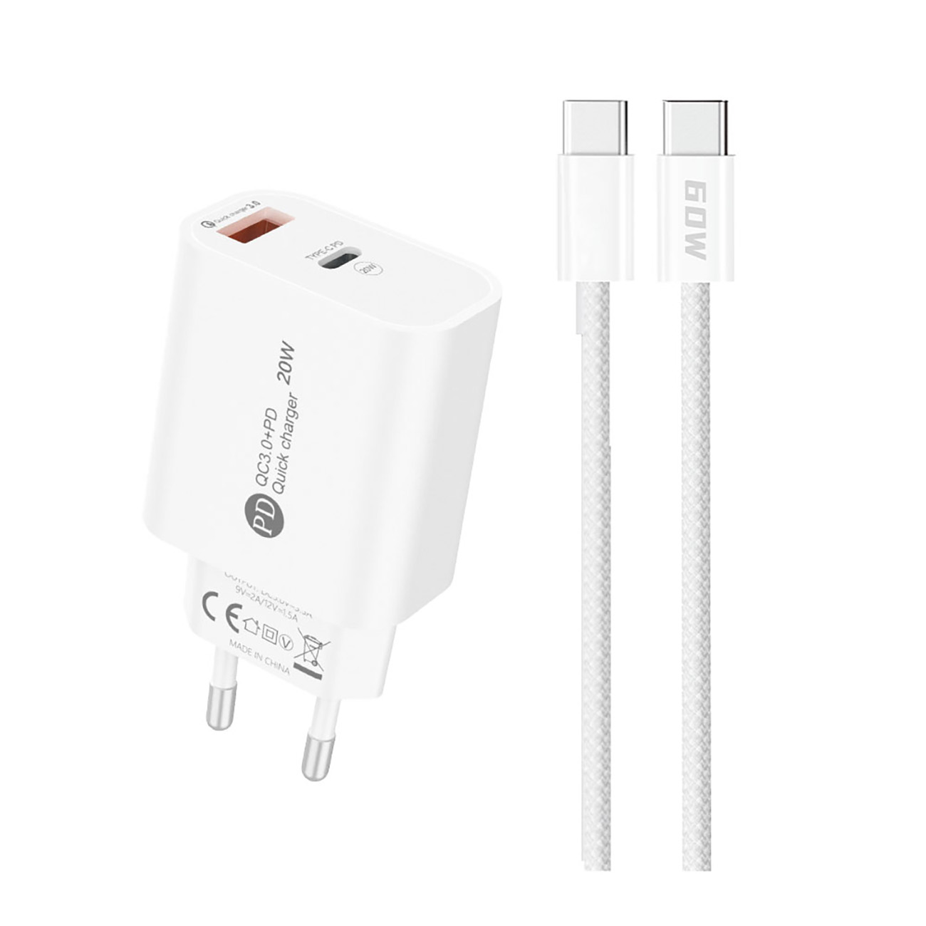 A6MaxL 20W USB-A USB-C wall laadija koos USB-C - USB-C 1m kaabel - valge
