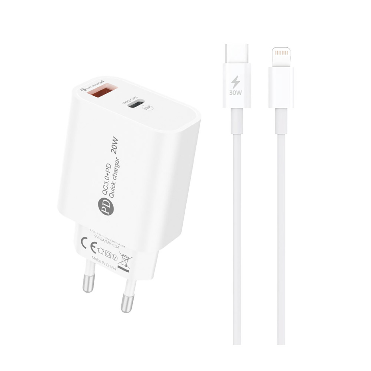 A6MaxL 20W USB-A USB-C Wall Laadija koos 1m USB-C - Lightning Kaabel - valge