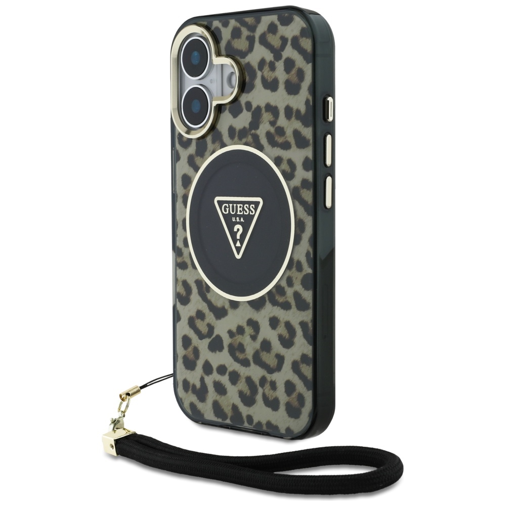 Guess HC IML Leopard Triangle Cord Strap MagSafe iPhone 16 Ümbris - Brown
