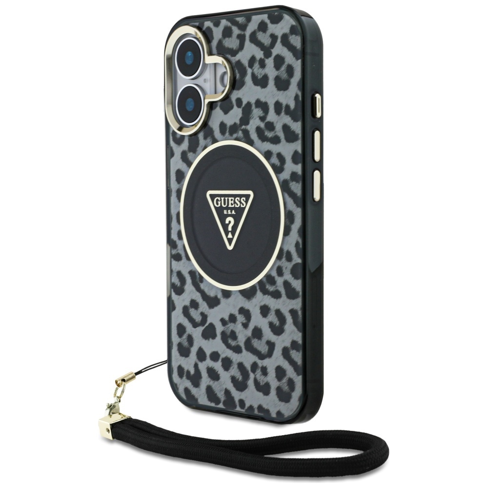 Guess HC IML Leopard Triangle Cord Strap MagSafe ümbris jaoks iPhone 16 - must