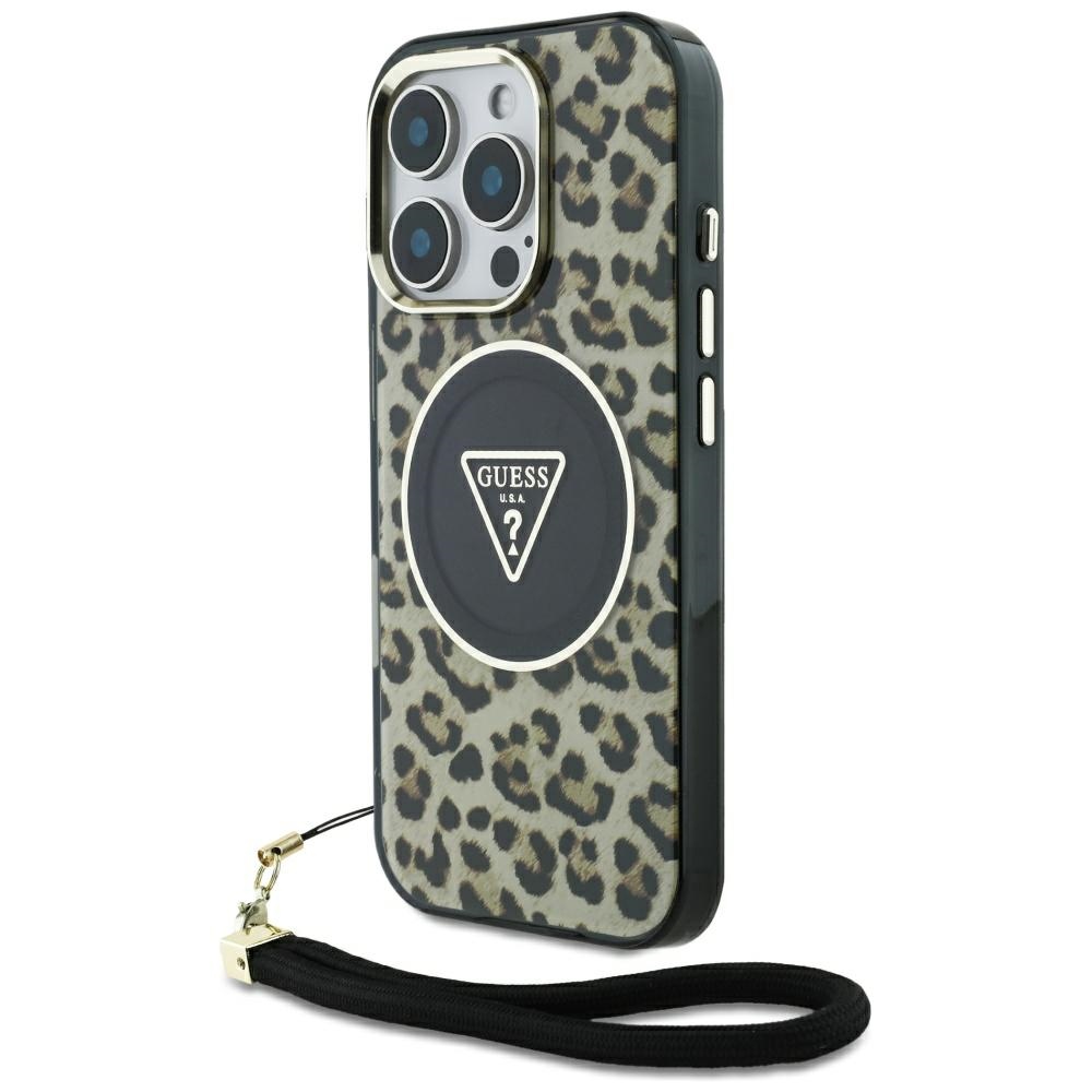 Guess HC IML Leopard Triangle Cord Strap MagSafe Ümbris jaoks iPhone 16 Pro - Brown