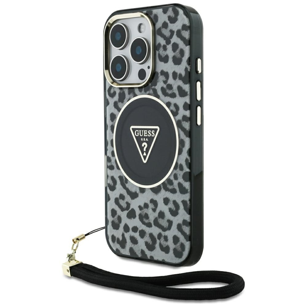 Guess HC IML Leopard Triangle Cord Strap MagSafe Ümbris jaoks iPhone 16 Pro - must