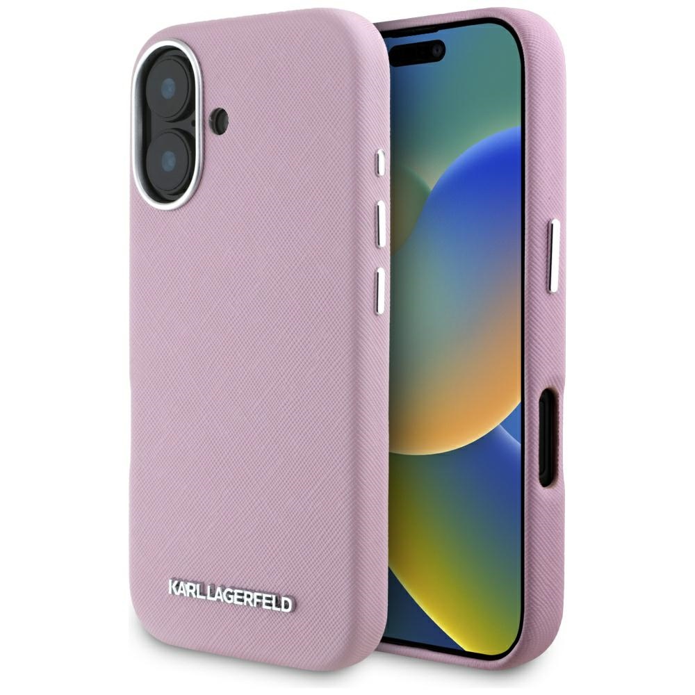 Karl Lagerfeld Saffiano Full Wrapped Elongated Metal Logo MagSafe iPhone 16 Ümbris - roosa