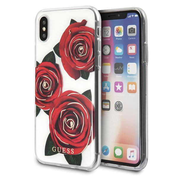 Guess Flower Desire punane Rose iPhone X Ümbris - läbipaistev