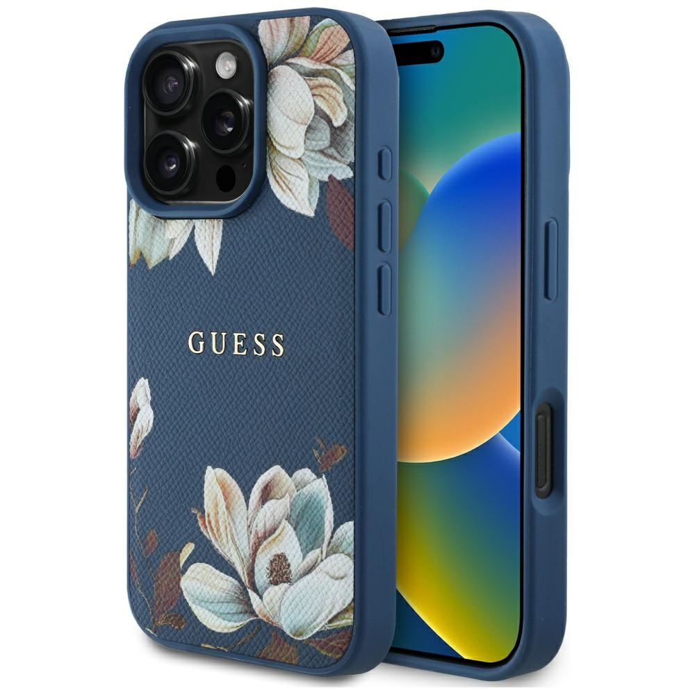 Guess Grained Printed Flower Pattern MagSafe ümbris jaoks iPhone 16 Pro sinine