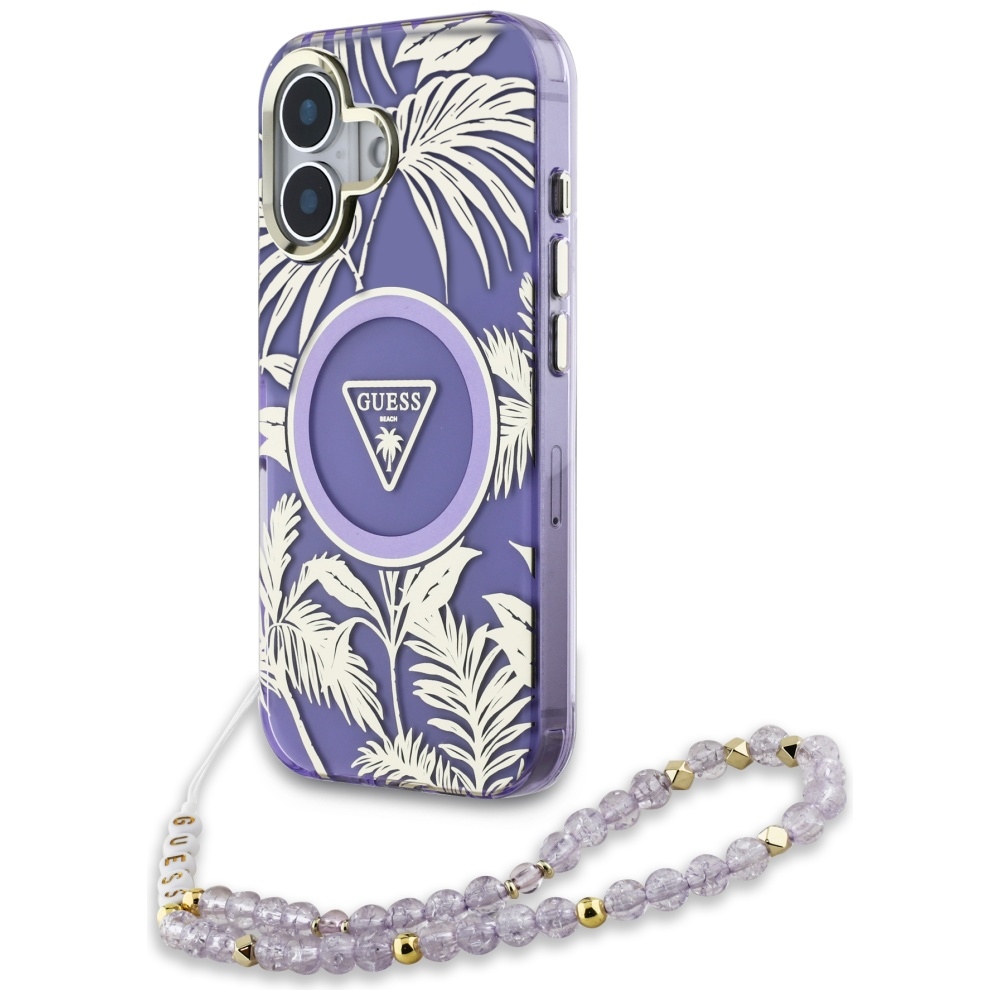 GUESS ümbris jaoks IPHONE 16 compatible with MagSafe GUHMP16SHPCTPLSU (IML Palm Trees Triangle W/ Pearl Strap) lilla