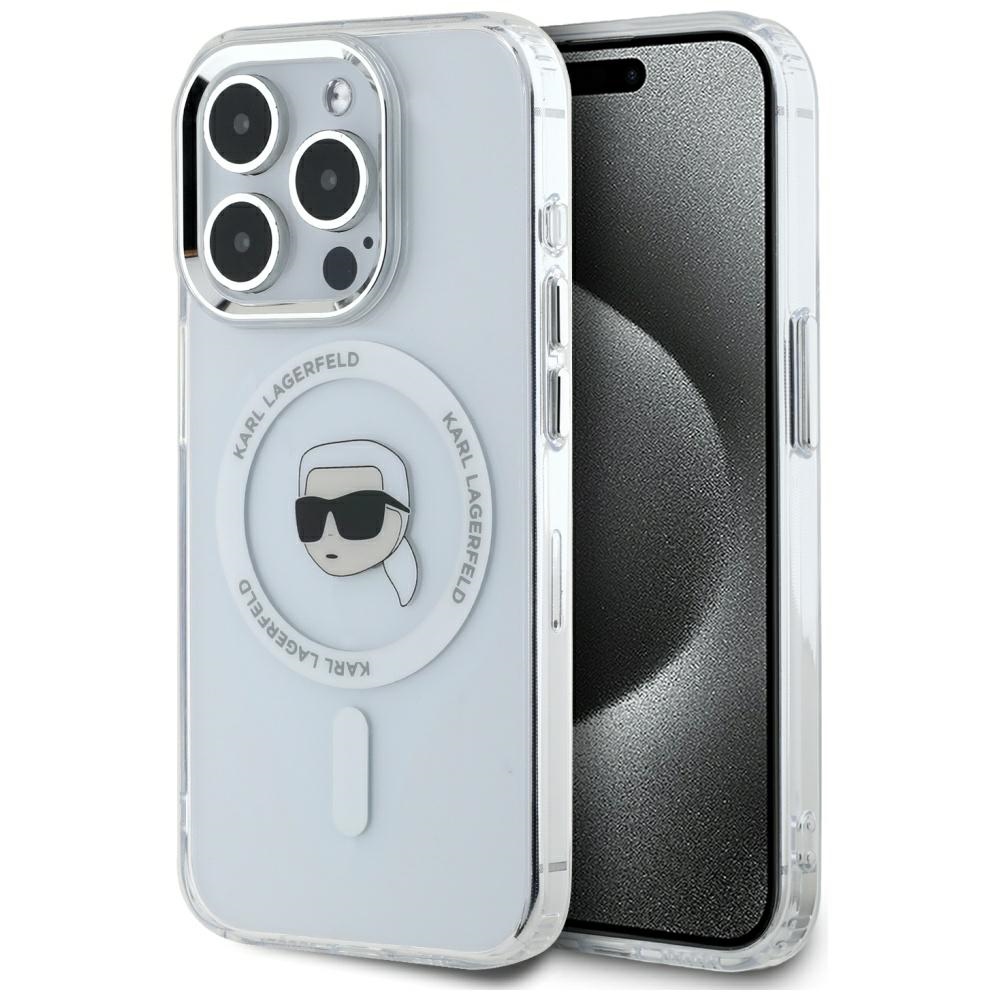 KARL LAGERFELD ümbris jaoks IPHONE 15 Pro Max compatible with MagSafe KLHMP15XHLSKIH (IML Metal K Head) valge