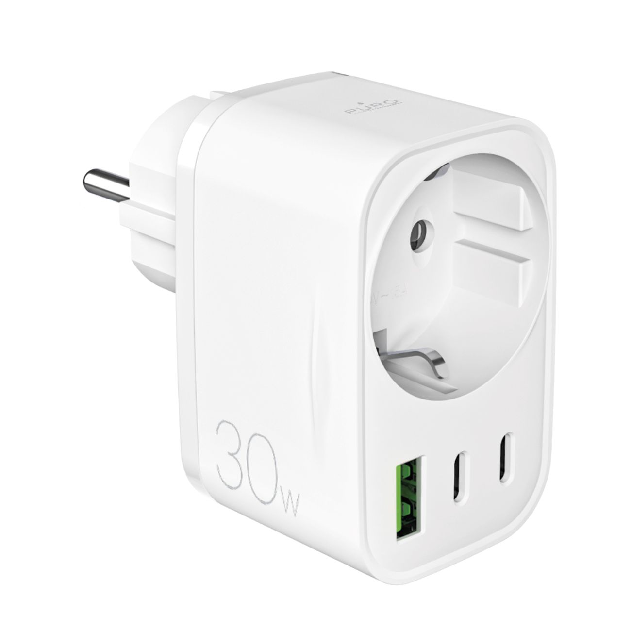 Puro 30W Power Delivery laadija Schuko pistiku ja pesaga 2x USB-C + 1x USB-A - valge