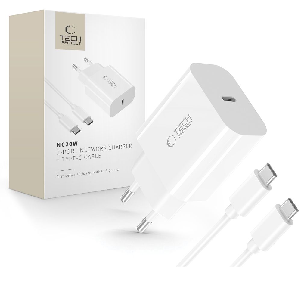 Tech-Protect NC20W PD20W USB-C wall laadija koos USB-C kaabel - valge
