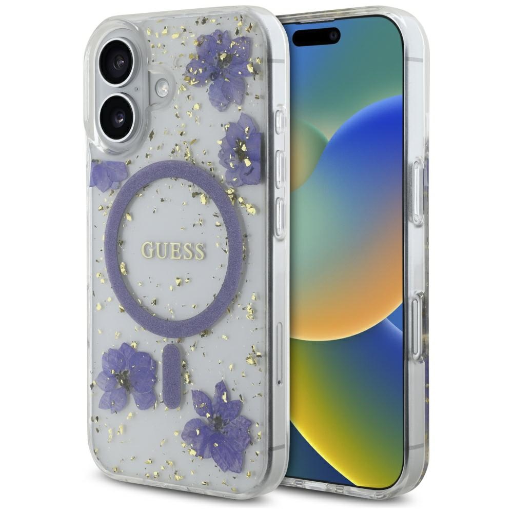 Guess Resin Flowers Glitter MagSafe ümbris jaoks iPhone 16 - lilla