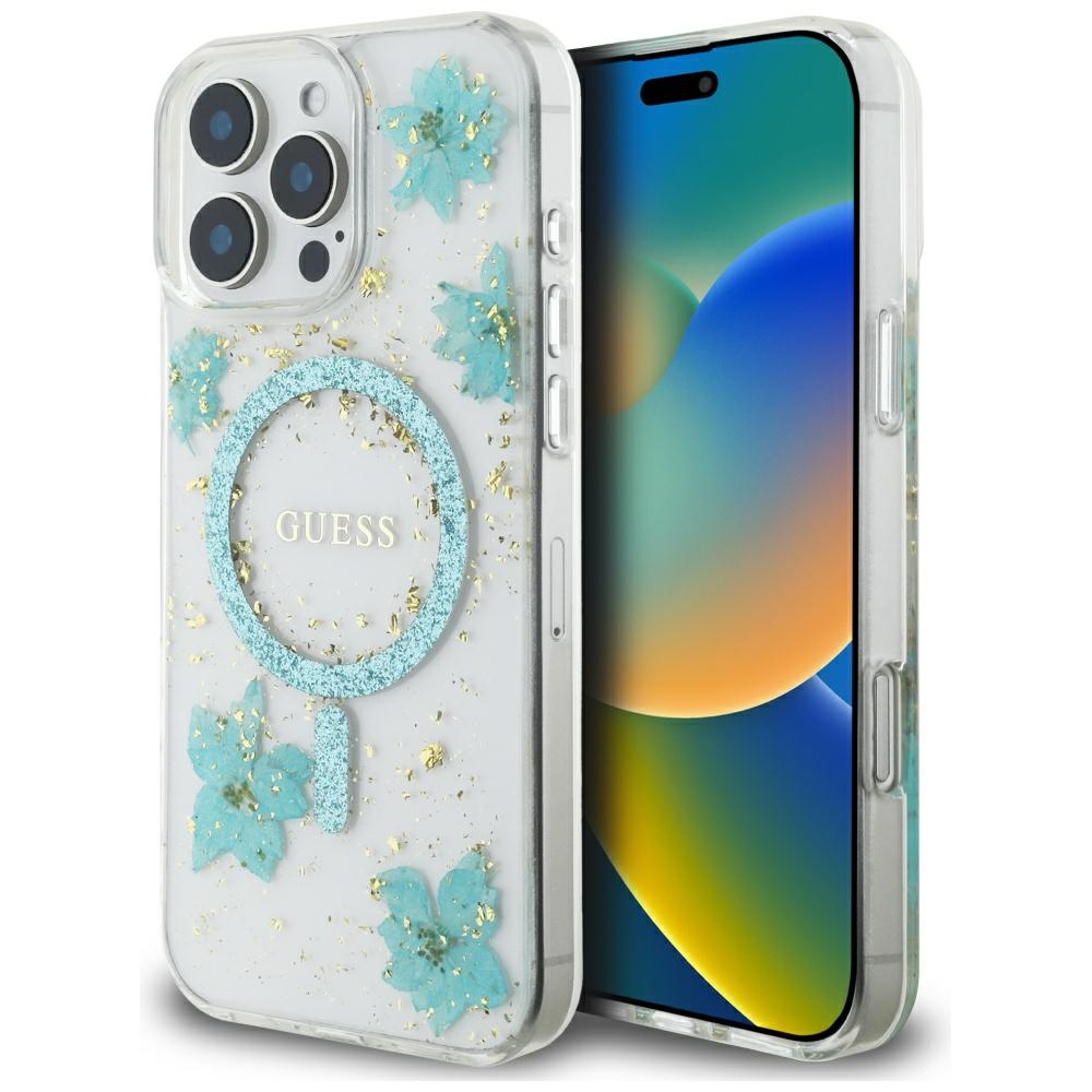 Guess Resin Flowers Glitter MagSafe iPhone 16 Pro Ümbris - Clear Roheline