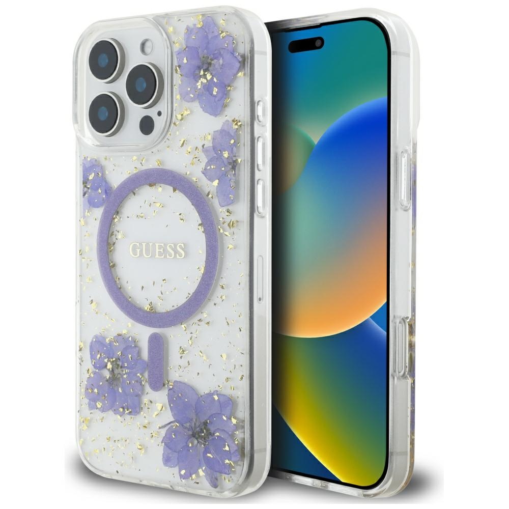 Guess Resin Flowers MagSafe ümbris jaoks iPhone 16 Pro - lilla