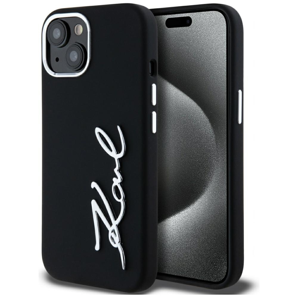 Karl Lagerfeld Silicone Metal Script Logo iPhone 15 Ümbris - Must