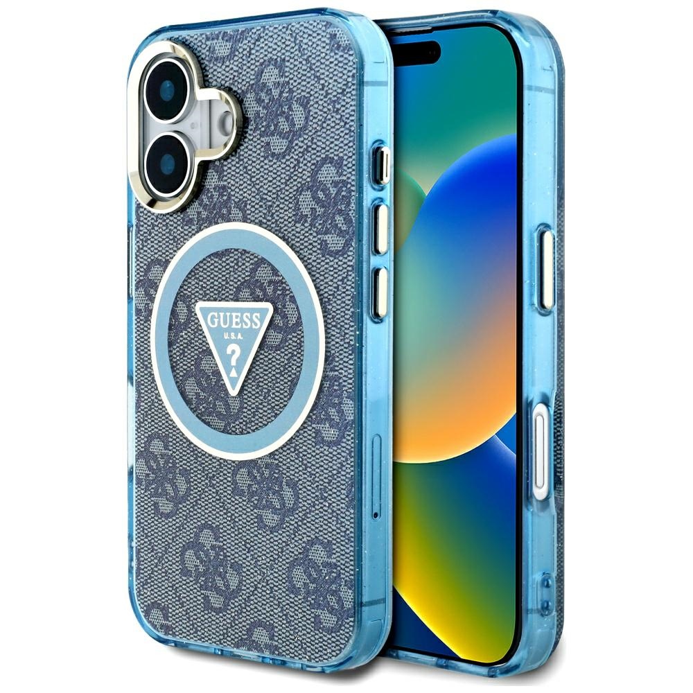Guess IML Metal Glitter 4G Circle Triangle MagSafe Ümbris jaoks iPhone 16 - Sinine
