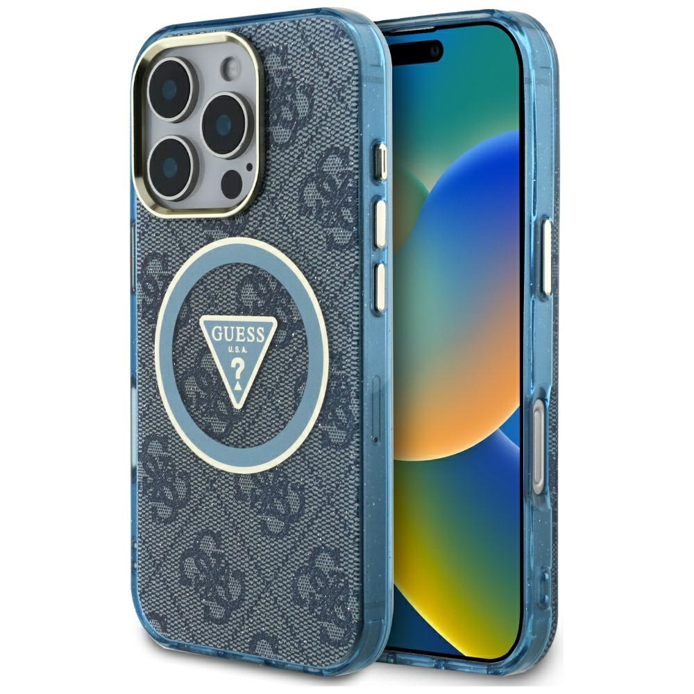 Guess IML Metal Glitter 4G Circle Triangle MagSafe Ümbris jaoks iPhone 16 Pro Max - Sinine