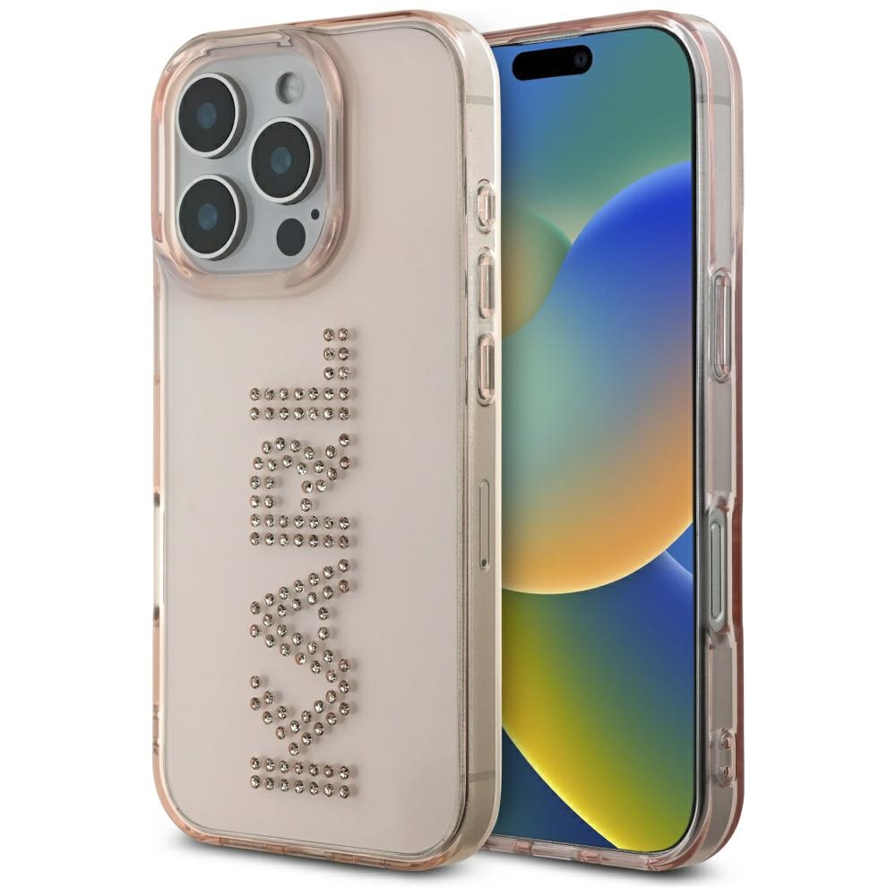 Karl Lagerfeld IML Rhinestones Logo iPhone 16 Pro Max Ümbris - Roosa