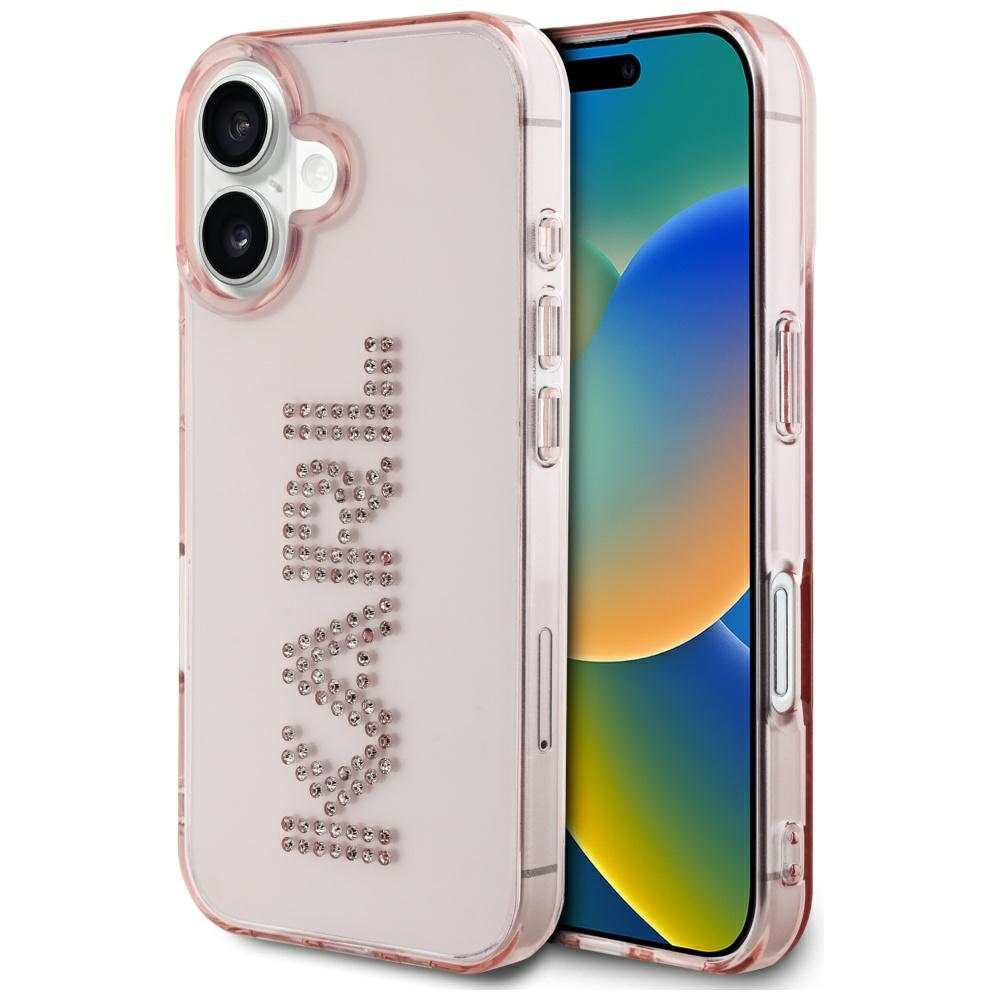 Karl Lagerfeld IML Rhinestones Logo iPhone 16 Ümbris - Roosa