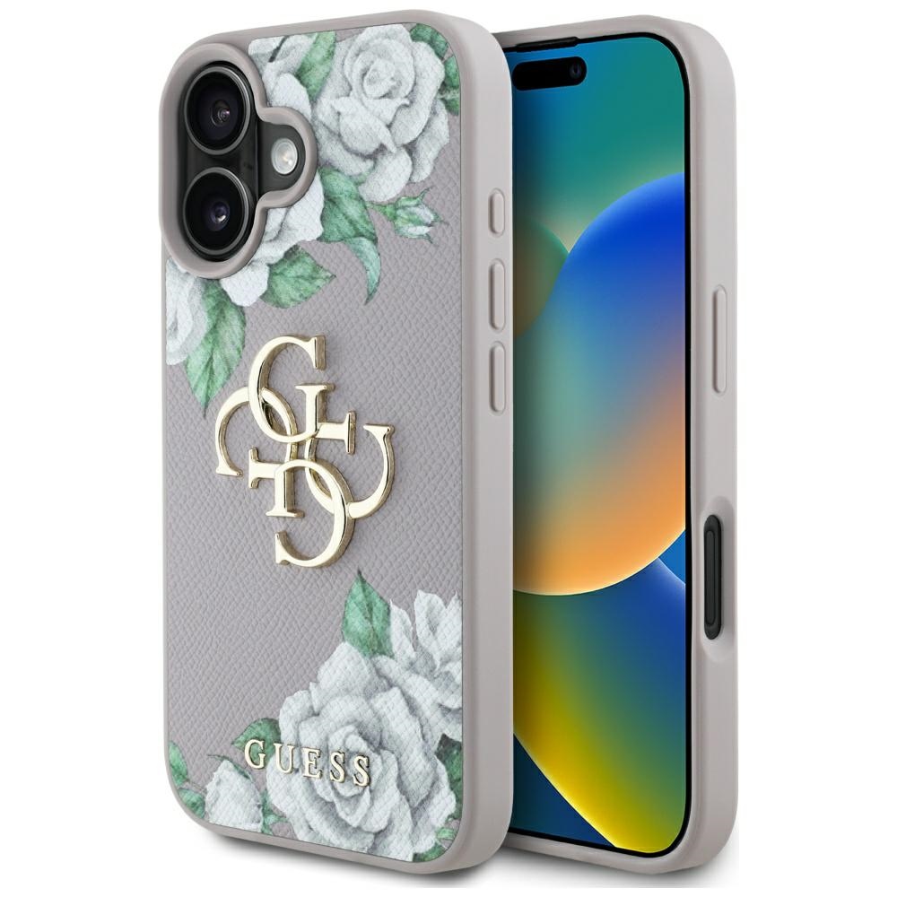 Guess Grained Roses Big 4G Logo iPhone 16 Ümbris - Lilla