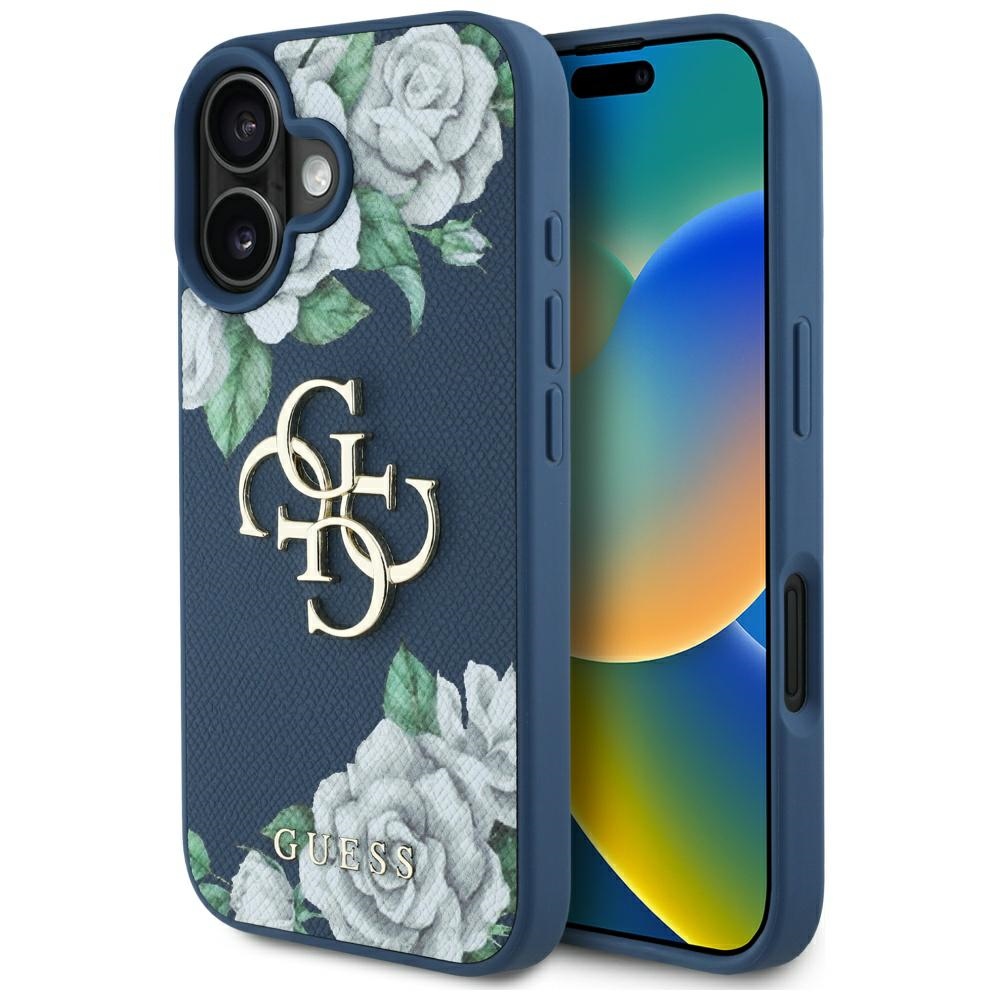 Guess Grained Roses Big 4G logo ümbris jaoks iPhone 16 - sinine