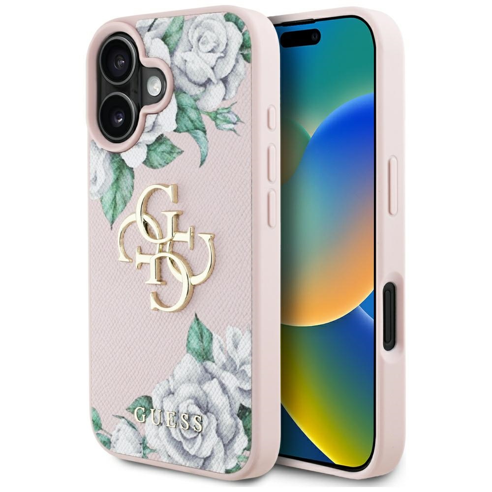 Guess Grained Roses Big 4G logo iPhone 16 ümbris - roosa