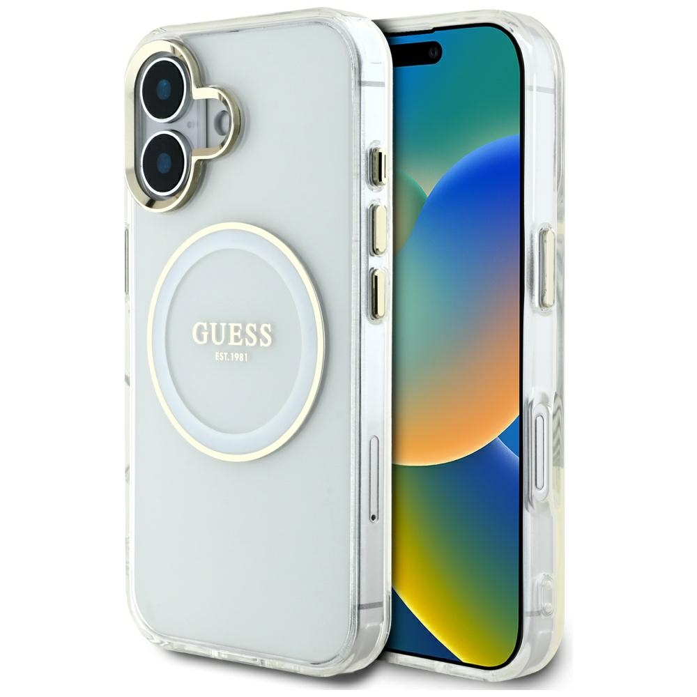 Guess IML Metal Colored Circle Classic Logo MagSafe ümbris jaoks iPhone 16 - valge