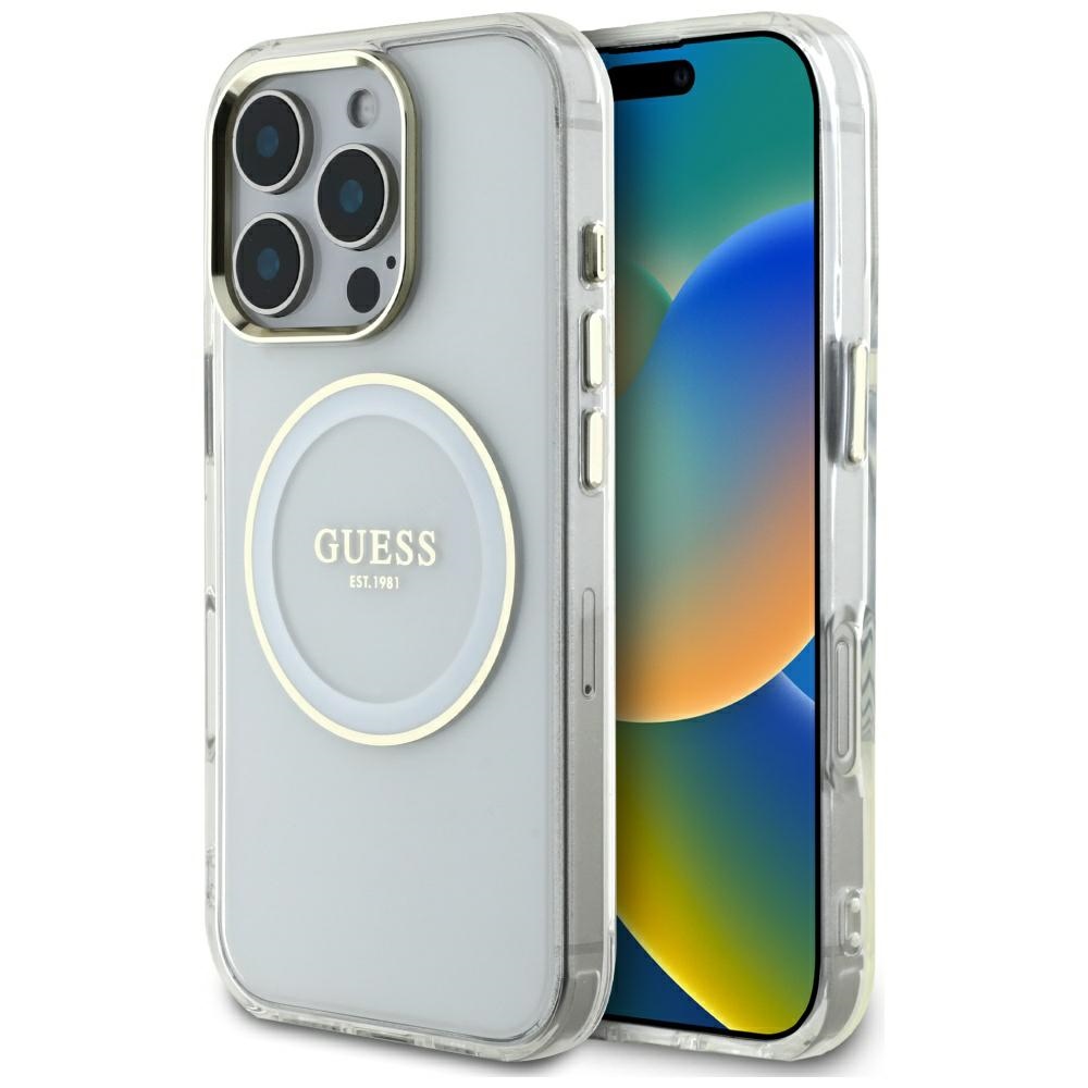 Guess IML Metal Colored Circle Classic Logo MagSafe ümbris jaoks iPhone 16 Pro - valge