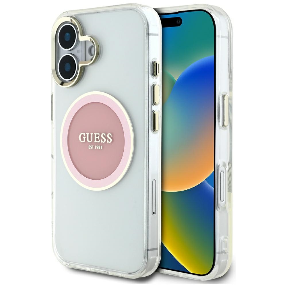 Guess IML Metal Colored Circle Classic Logo MagSafe iPhone 16 Ümbris - Roosa
