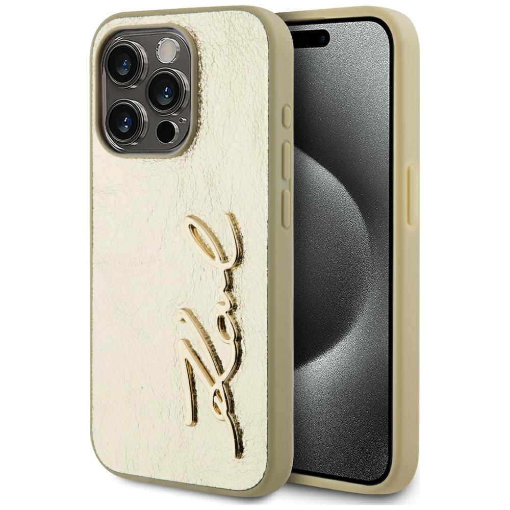 Karl Lagerfeld Wrinkled Metal Signature iPhone 15 Pro Max Ümbris - Kuldne