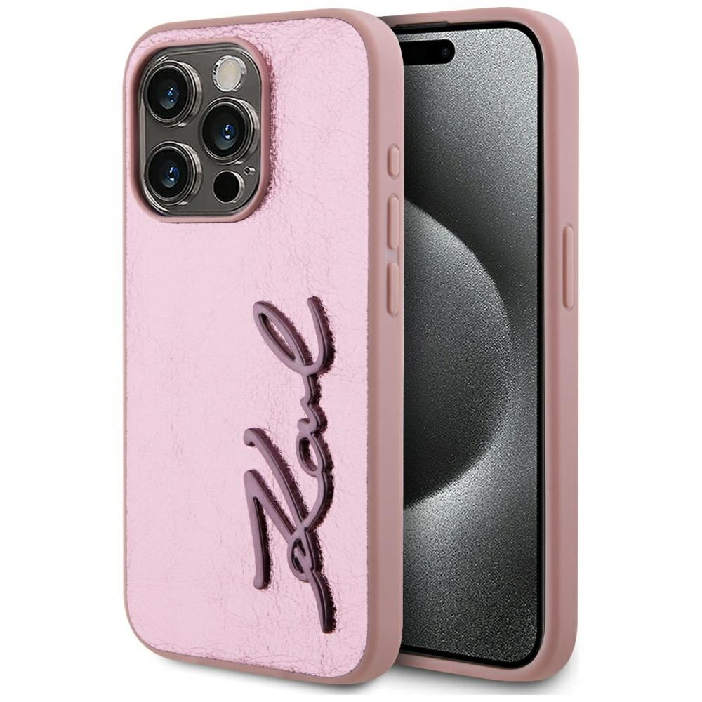 Karl Lagerfeld Wrinkled Metal Signature iPhone 15 Pro Ümbris - Roosa