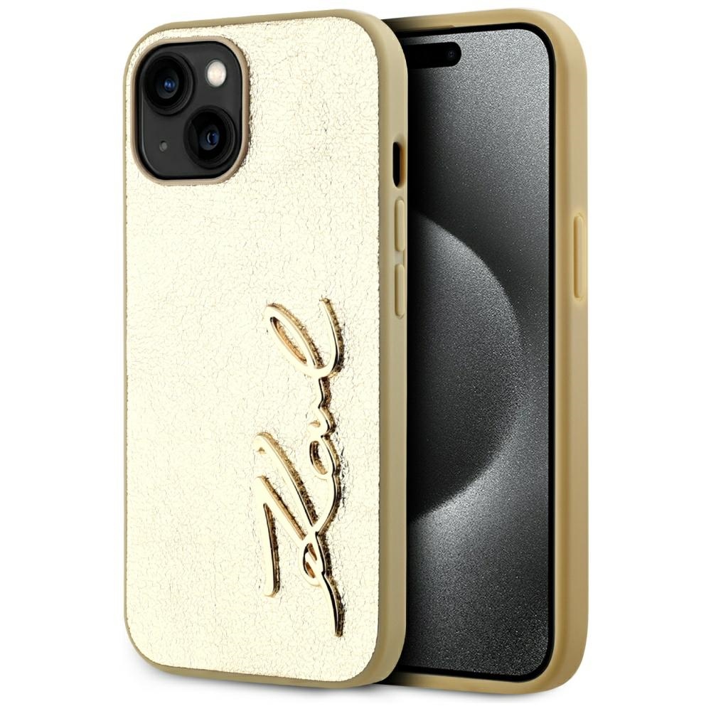 Karl Lagerfeld Wrinkled Metal Signature iPhone 15 Ümbris - Kuldne