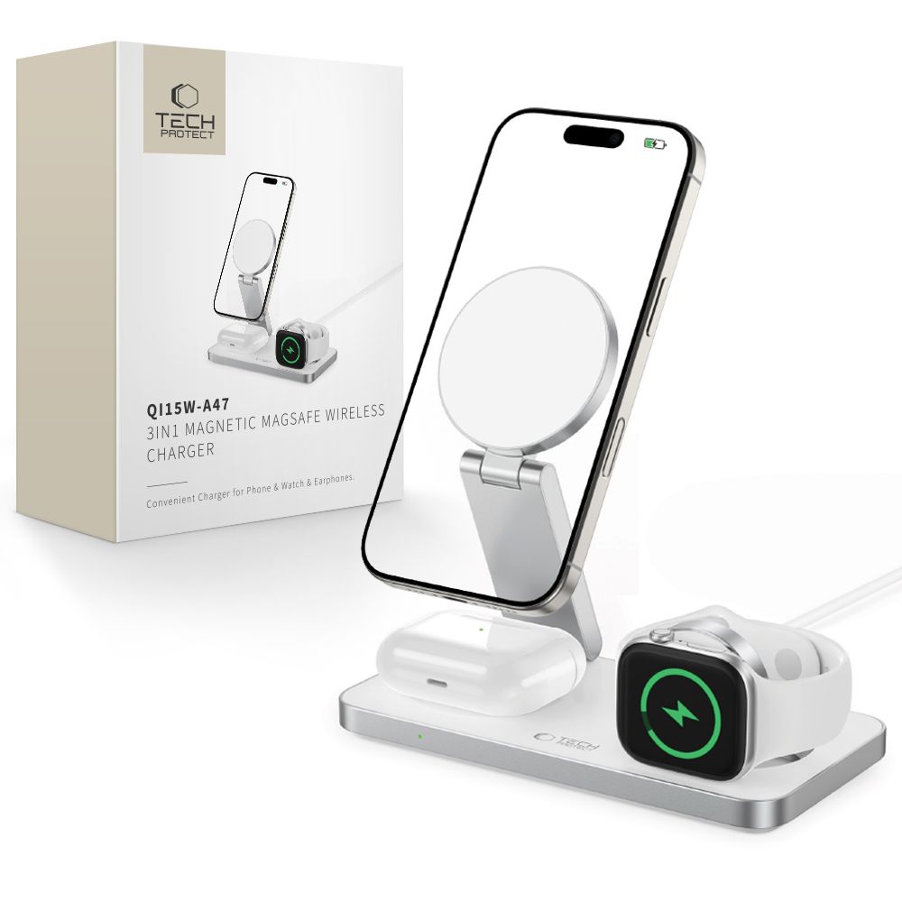 Tech-Protect QI15W-A47 MagSafe 3in1 Induktiivne Laadija + USB-C Kaabel - valge