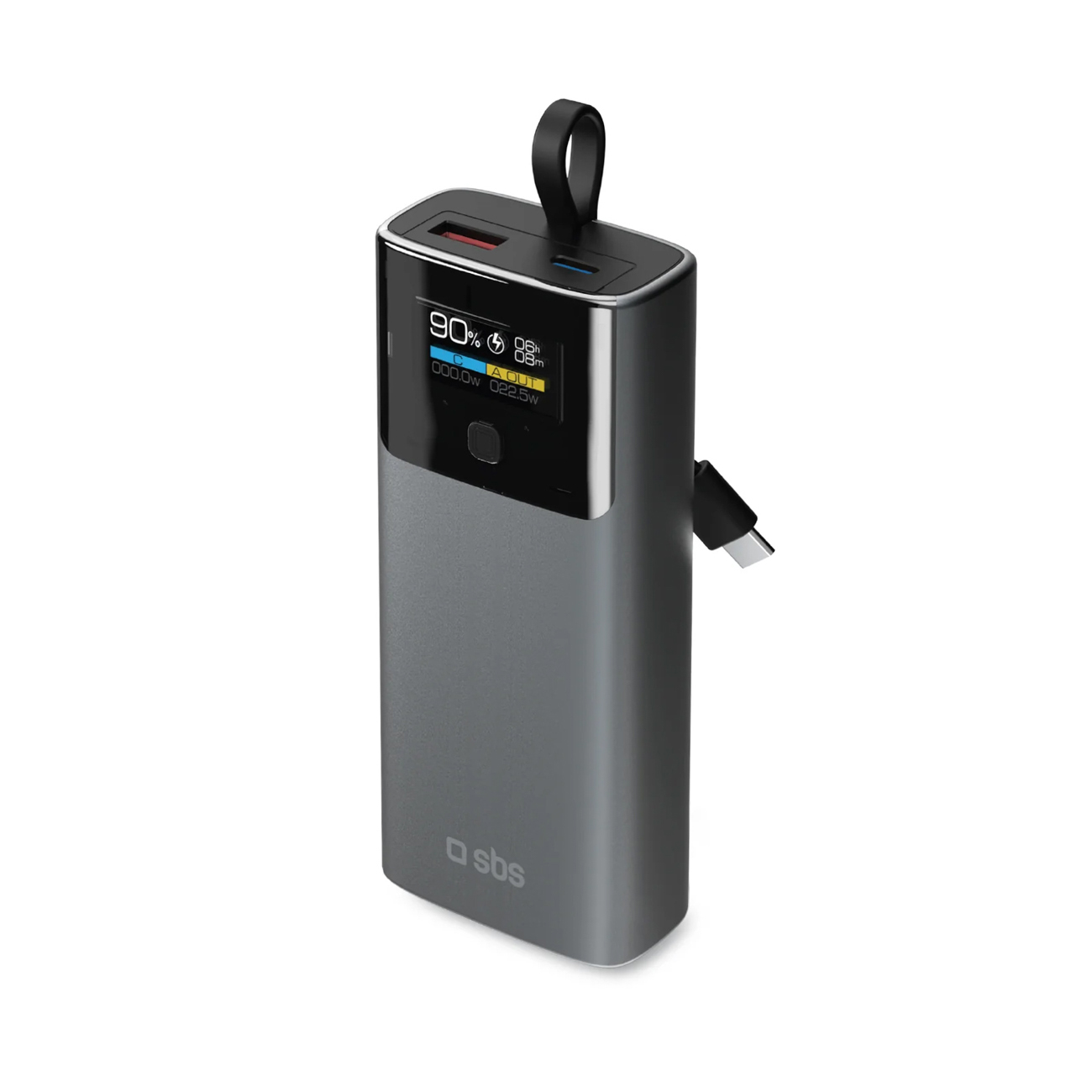SBS 10000mAh PD 20W Powerbank LCD-ekraaniga ja sisseehitatud USB-C kaabliga - hall