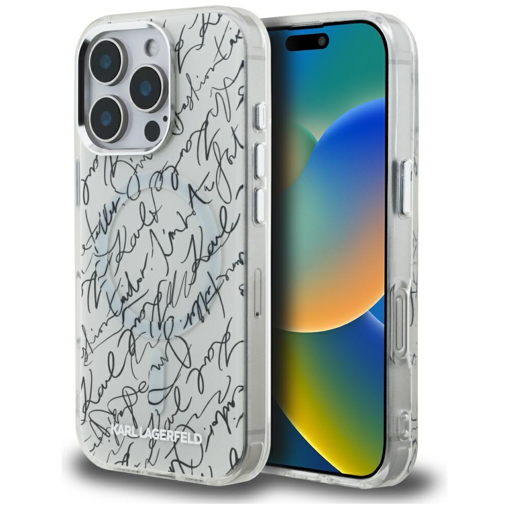 Karl Lagerfeld IML Karl Script Pattern MagSafe Ümbris jaoks iPhone 16 Pro - Valge
