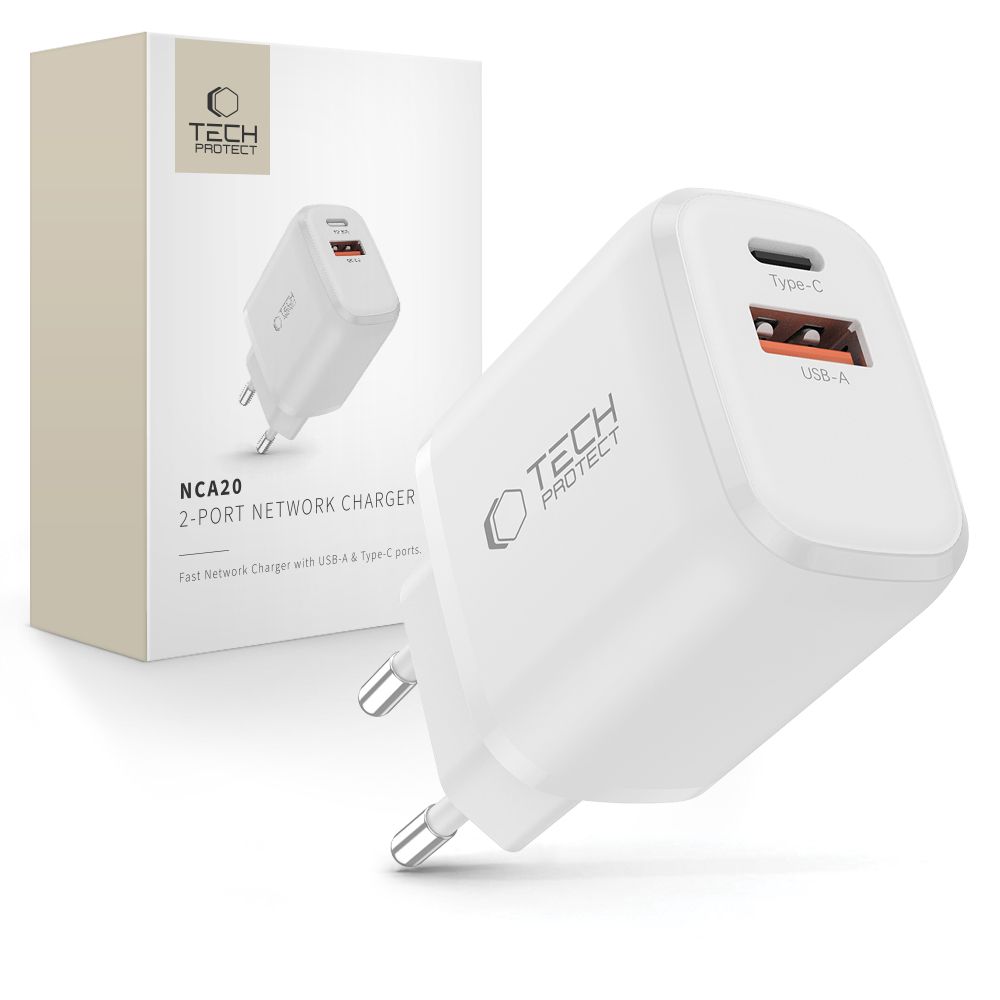 Tech-Protect NCA20 PD 20W QC3.0 USB-A / USB-C Wall Laadija - valge