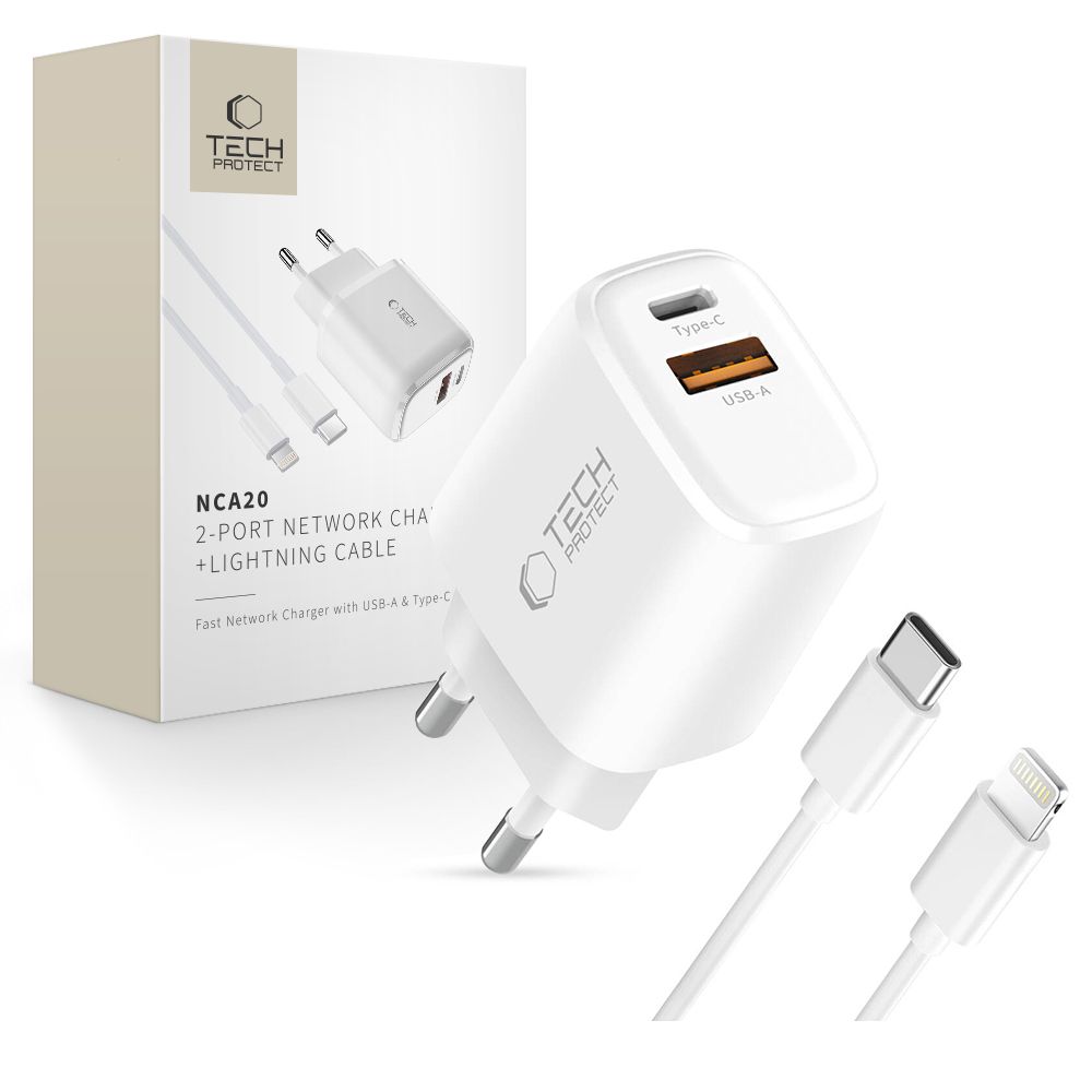 Tech-Protect NCA20 PD 20W QC3.0 USB-A / USB-C Wall Laadija + USB-C / Lightning Kaabel 100cm - valge