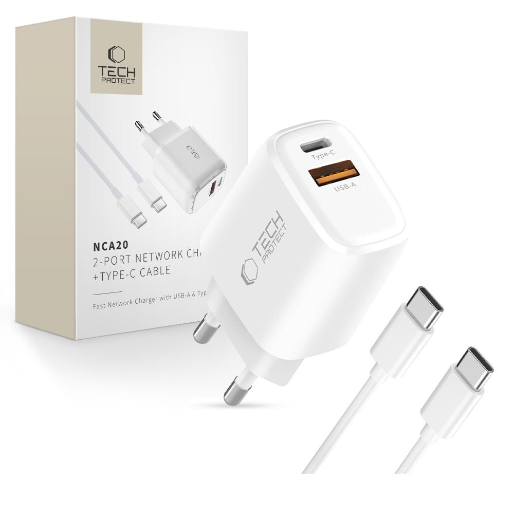 Tech-Protect NCA20 PD 20W QC3.0 USB-A / USB-C Wall Laadija + USB-C / USB-C Kaabel 100cm - valge