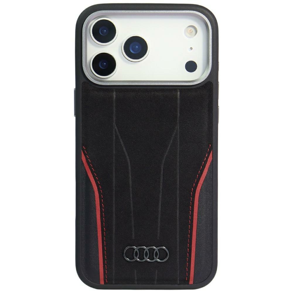 Audi R8 Genuine Leather MagSafe Ümbris jaoks iPhone 17 Pro - Must and Punane