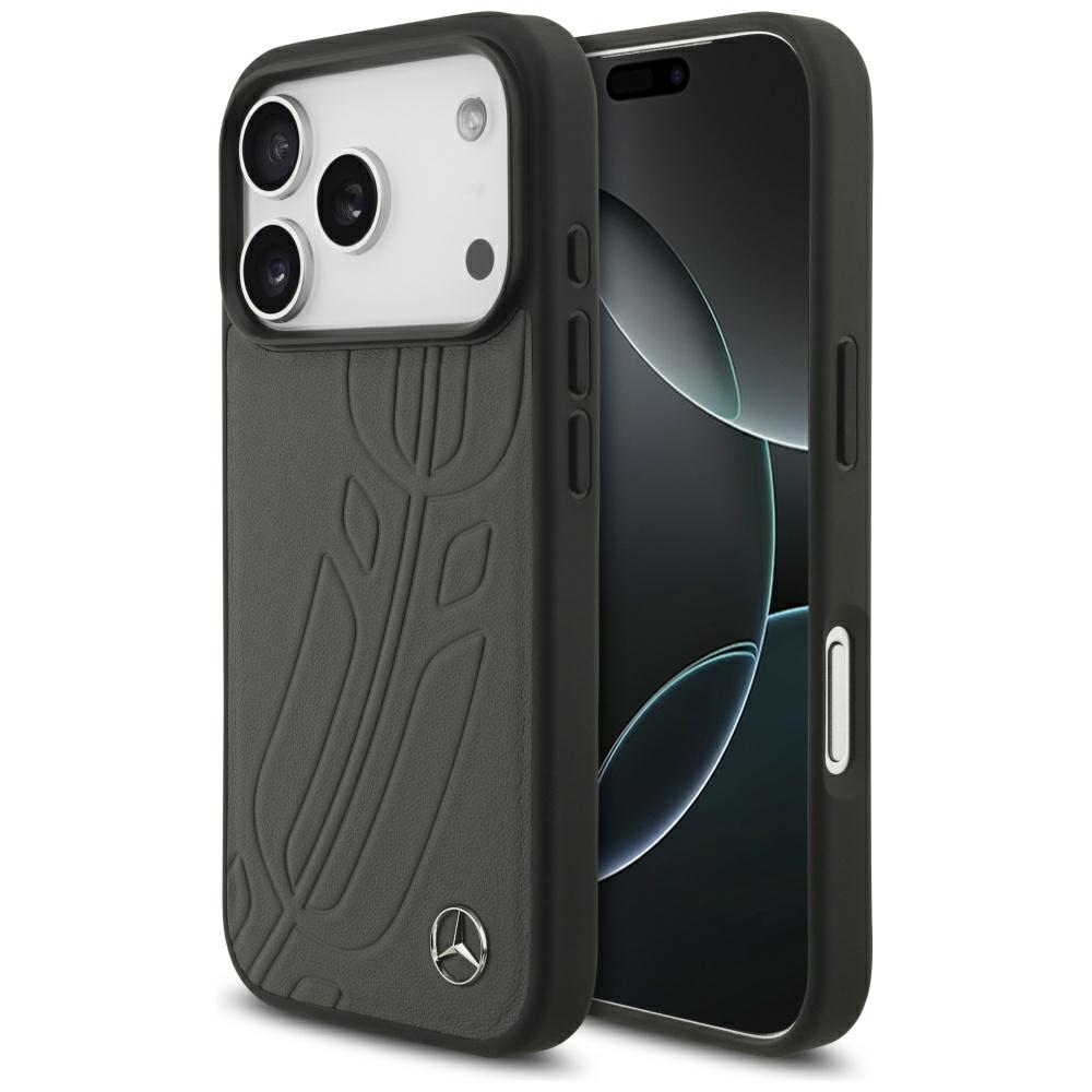 Mercedes Leather Large Laurel Leave MagSafe Чехол для iPhone 17 Pro - чёрный и серый