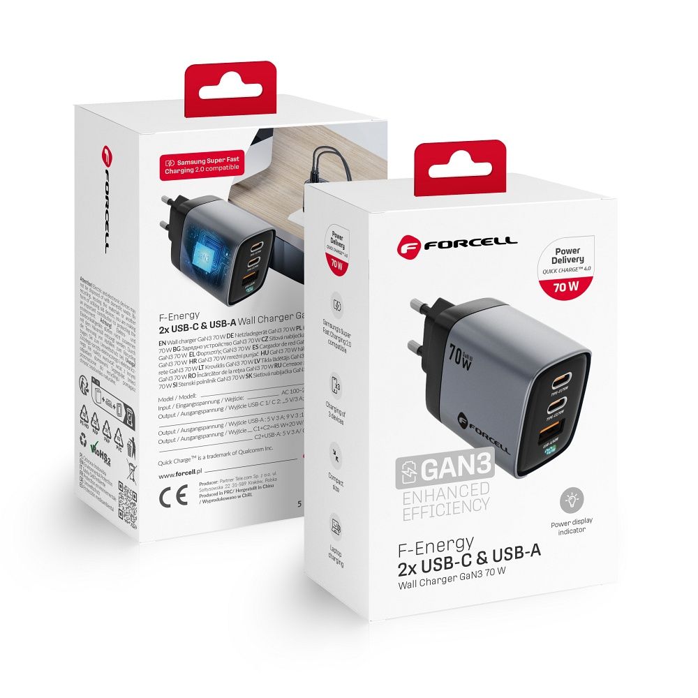 Phone laadija Forcell F-Energy GaN III 2 x USB C + USB A QC4.0 3,45A PD 70W SAM SFC2.0 with display LCD VT-37 hall