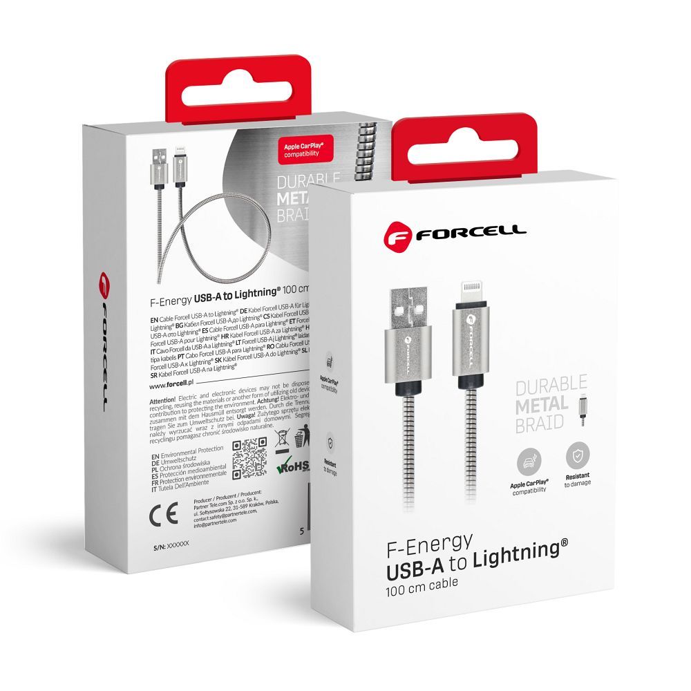 Kaabel USB A to Lightning Forcell F-Energy 2,4A 12W Metal 1 m C236 hõbedane