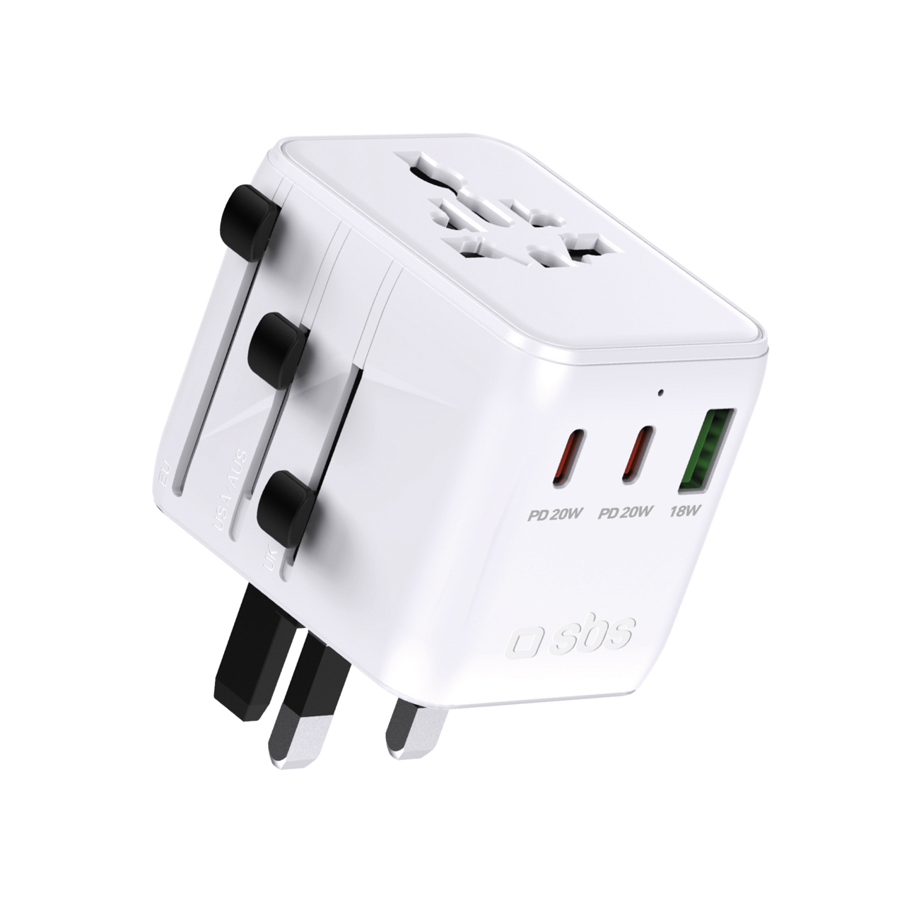 SBS Travel Adapter 2xUSB-C 1xUSB-A Universal - Valge