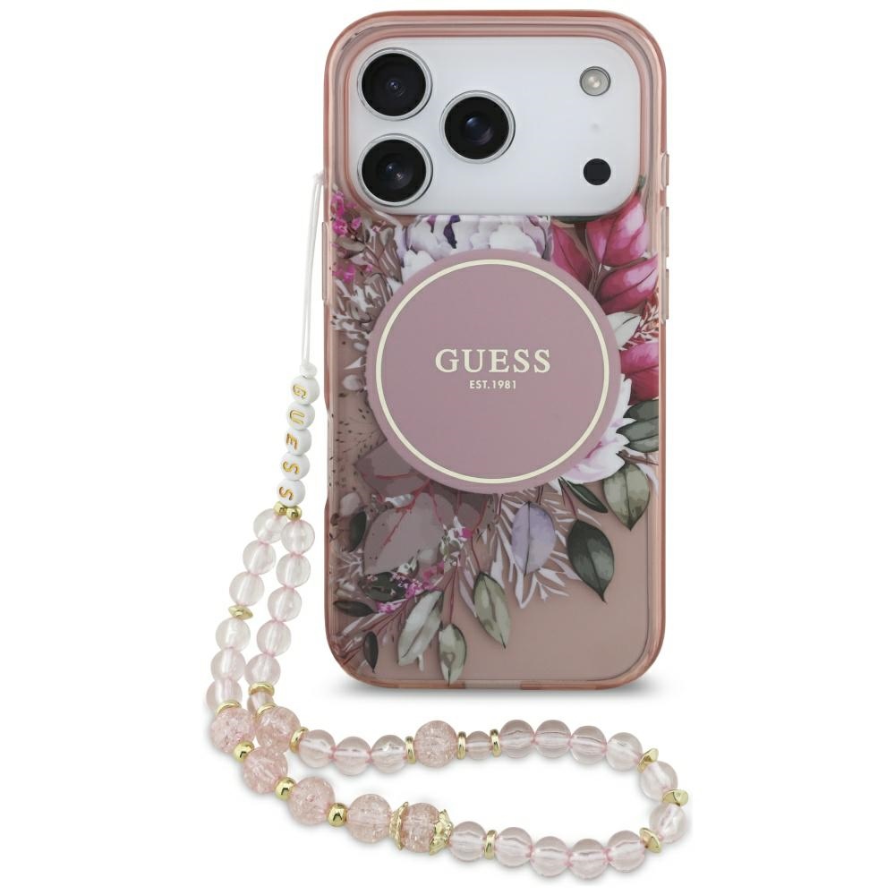 Guess IML Flowers Pearl Strap MagSafe Ümbris jaoks iPhone 17 Pro - Roosa