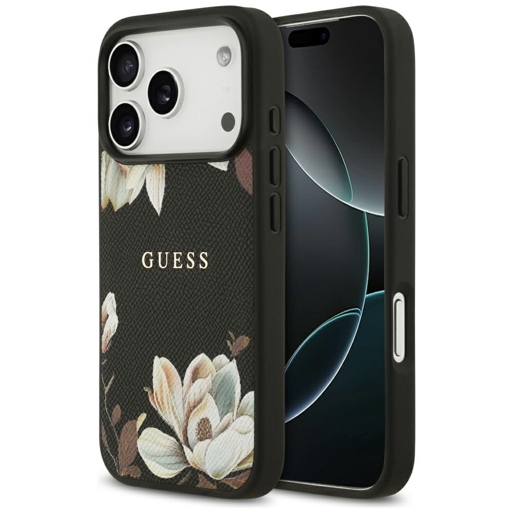Guess Grained Flowers Classic Logo MagSafe ümbris jaoks iPhone 17 Pro - must